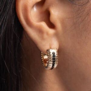 Paparazzi Serrated Shimmer Hoop Earrings Gold Black Stripe Textured Hinge New